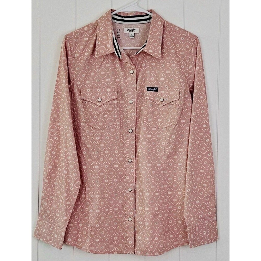 NWT Wrangler Retro Western Pink Geo Diamond Pearl Snap Shirt Long Sleeve Small